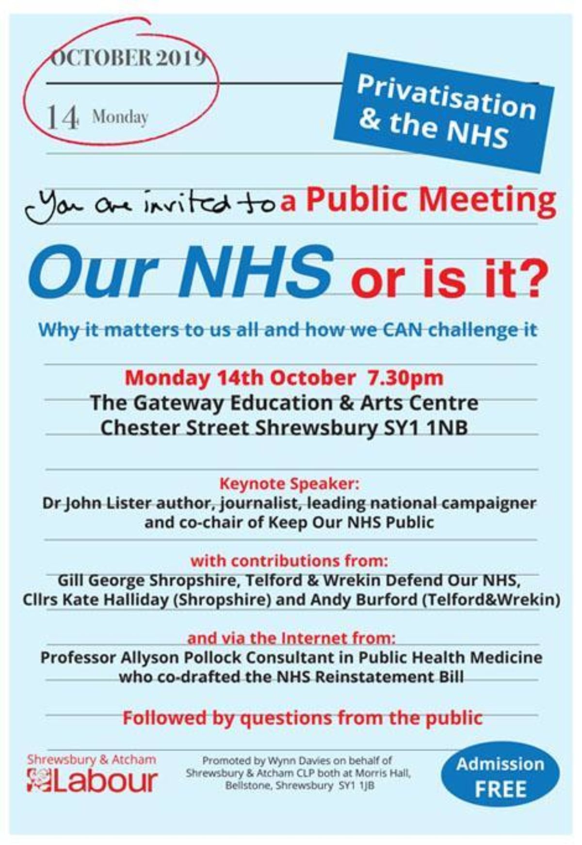 Flyer advertising Labour Party meeting, “Our NHS or is it?"